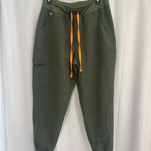 Figs Scrubs women’s Joggers in Olive with Bright Orange Accents